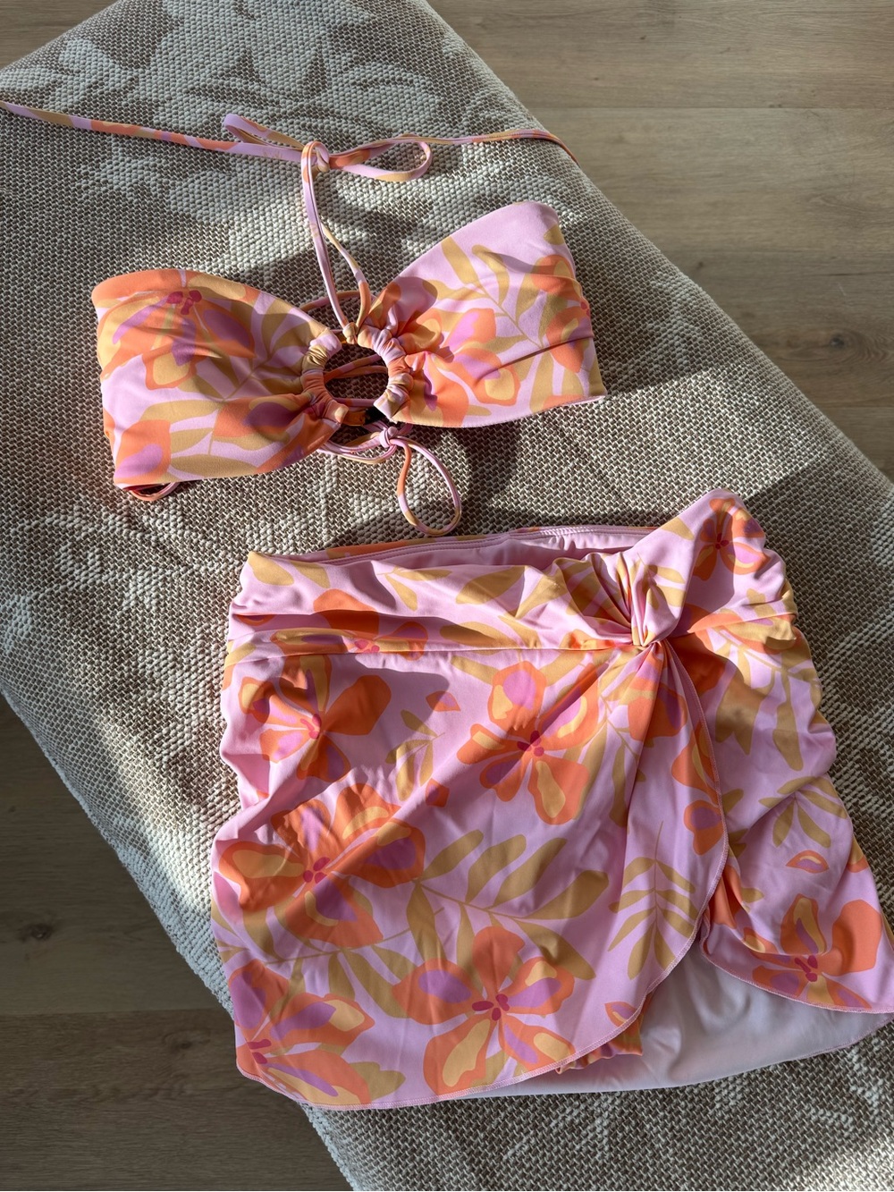 POPFLEX Pink and Orange Floral Bandeau Bikini Set with Skirt - Picture 6 of 11
